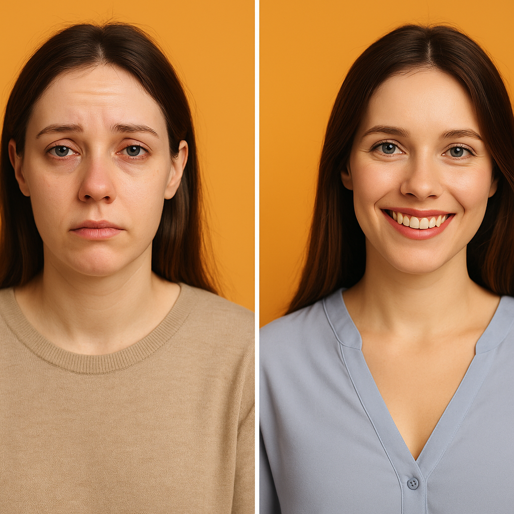 Voor gebruik sippe dame met tranende ogen, na gebruik van ons therape-masker G15 blije dame met frisse ogen