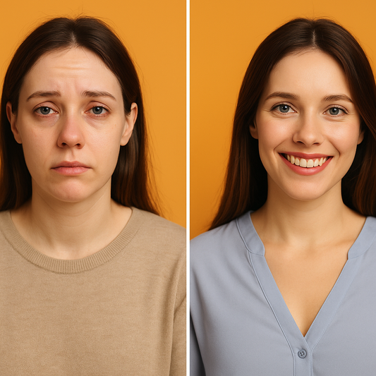 Voor gebruik sippe dame met tranende ogen, na gebruik van ons therape-masker G15 blije dame met frisse ogen