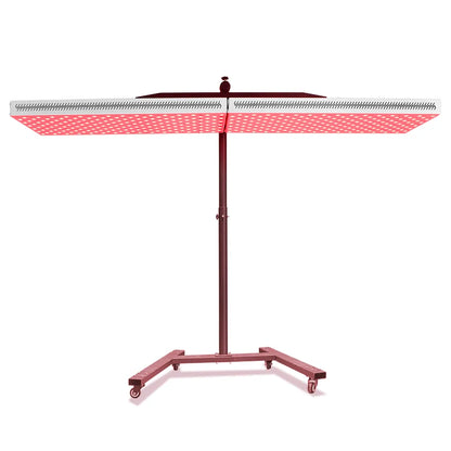 Een Stander op wieltjes voor bepaalde standen en verplaatsen roodlicht panelen met 2 gekoppelde panelen voor boven een bed