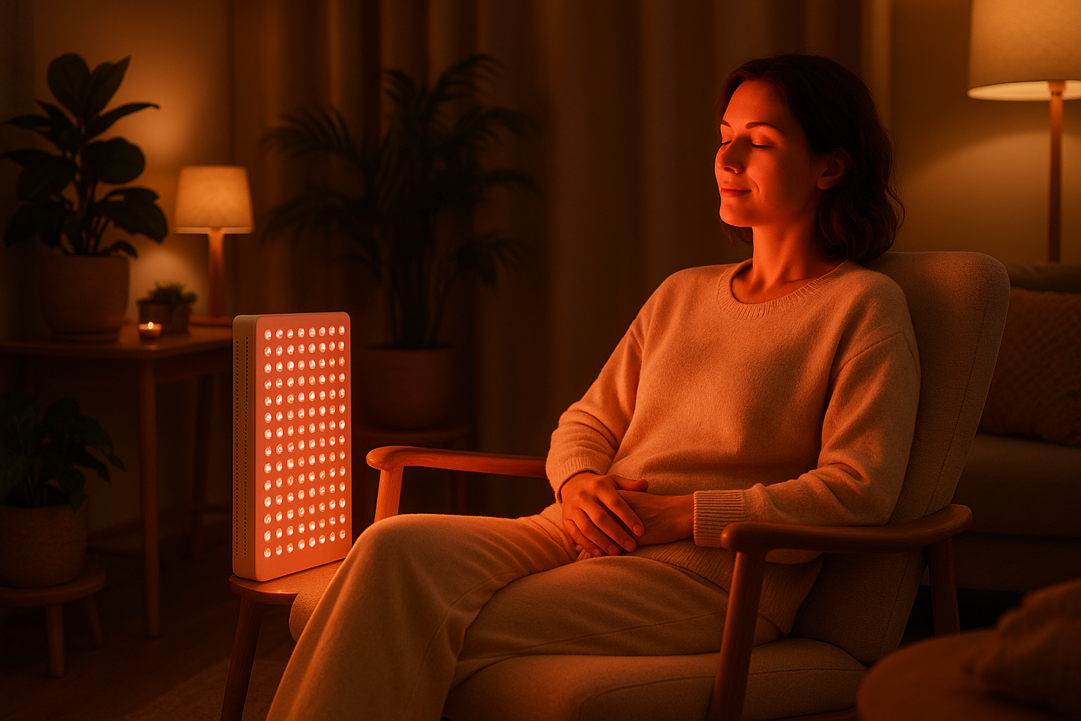 Vrouw gebruikt rood lichttherapie apparaat voor gezonde huid en wellness thuis