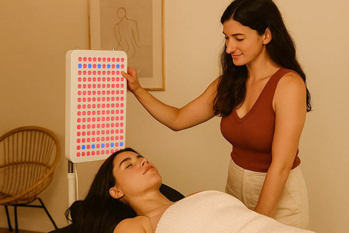 Dame van salon plaatst paneel achter cliënt die ligt