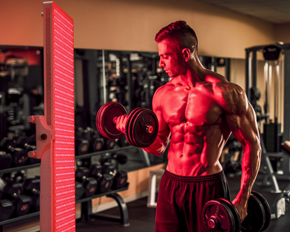 Sportman in Gym met gewichten voor een full body paneel op statief