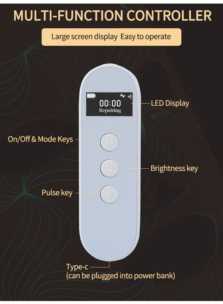 Bediening met display, aan/uit, lichtsterkte en pulsfrequentie en type-c oplaadbaar