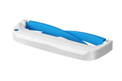 Schuin bovenaanzicht met aan/uit knop en ingevouwen pootjes