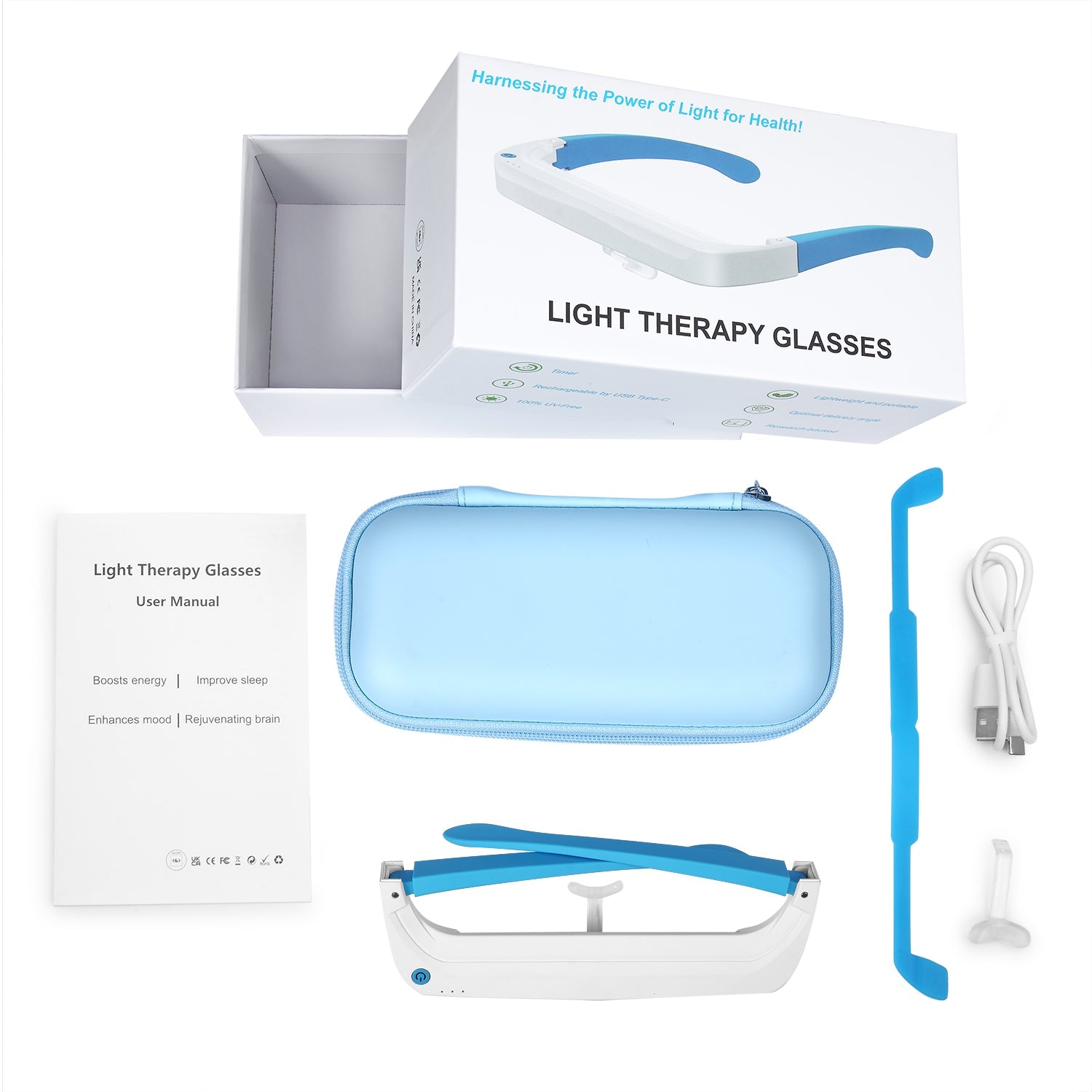 Lichttherapie bril doos met inhoud