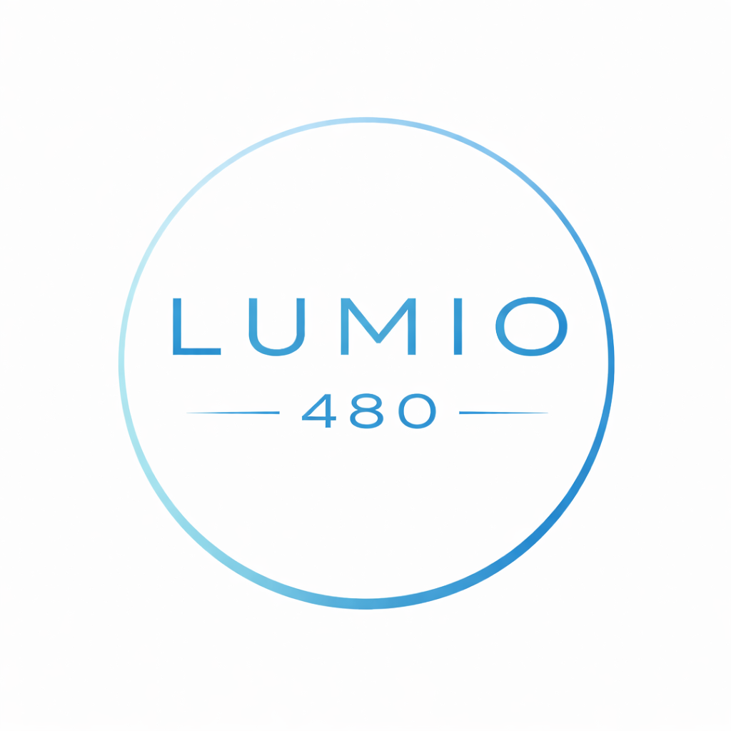Logo LUMIO-480 van licht- naar donkerblauw